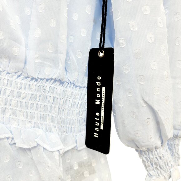 Blue Haute Monde Womens Polka Dot Blouse Smocked Waist Long Sleeves SIZE S - Picture 4 of 8